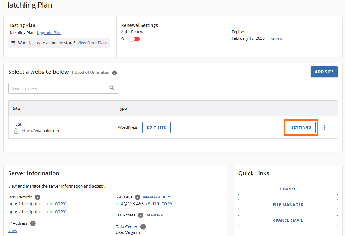 Customer Portal - Hosting - Dashboard